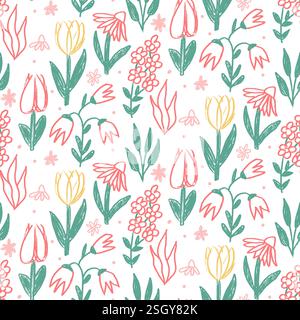 Blumenstift gezeichnet nahtloses Muster. Farbenfroher, durchgehender Hintergrund mit Blumenmuster. larkspur, Tulpe und Gänseblümchen stilisierte Botanik-Repeat-Cover. Oberflächenmuster des Stock Vektor