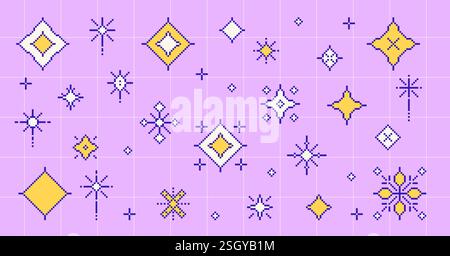 Pixel Art Stars. 8-Bit-Funkeln. Magische Feuerwerk-Symbole im Retro-Stil der 90er Jahre. Weihnachtsdekoration mit Glitzereffekt. Glitzernde y2k Schneeflocken. Vintage Party el Stock Vektor