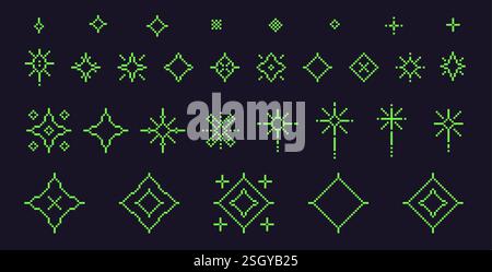 Pixel Art Stars. 8-Bit-Funkeln. Magische Feuerwerk-Symbole im Retro-Stil der 90er Jahre. Weihnachtsdekoration mit Glitzereffekt. Glitzernde y2k Schneeflocken. Vintage Par Stock Vektor