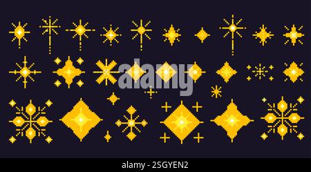 Pixel Art Stars. 8-Bit-Funkelset. Magische Feuerwerk-Symbole im Retro-Stil der 90er Jahre. Weihnachtsdekoration mit Glitzereffekt. Y2K Schneeflocken. Vintage-Party in Gold Stock Vektor