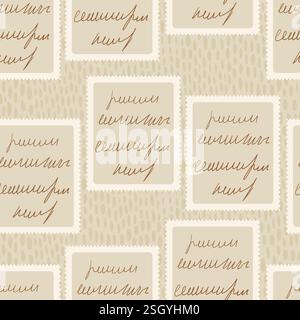 Schreibe handgeschriebenen Text auf Briefmarken nahtloses Muster. Unlesbarer, endloser Hintergrund für Buchstaben. Unleserlicher Hinweis wiederholter Umschlag. Vektor-Vintage-Di Stock Vektor