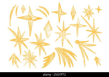 Buntstift gezeichnete gelbe funkelnde Sterne gesetzt. Space Shine Shapes and Blings Doodle Pack. Kometen und Blinzeln am Nachthimmel. Vektor, handgezeichnet mit Bleistift oder Vergangenheit Stock Vektor