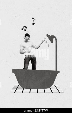Collage 3D Bild eines Pinup Pop Retro-Skizzen eines flippigen, lustigen Mannes, der unter der Dusche duscht und Lieder hört, isolierter Malhintergrund Stockfoto