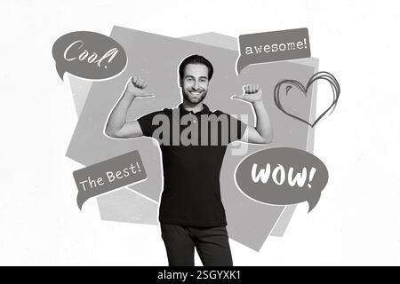 Kreative Collage Foto Illustration der guten Stimmung zufriedener populärer selbstbewusster Mann, der sich auf sich selbst gerichtet isoliert auf weißem Hintergrund Stockfoto