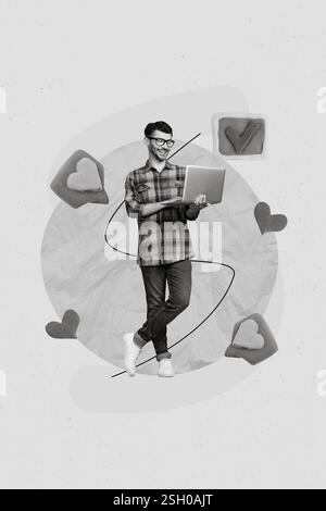 Fotocollage Magazin Postervorlage eines glücklichen gutaussehenden Mannes, der sms-Nachrichten schreibt und eine Freundin chattet, isoliert auf Zeichnungshintergrund Stockfoto