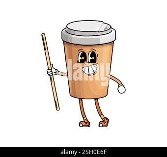 Groovige Kaffeetasse. Isoliertes Cartoon Vektor Retro Kaffeegetränk, Einweg Pappbecher Personage mit fröhlichem Gesicht und Stroh in seiner Hand, Stock Vektor