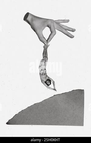 Vertikale kreative Fotocollage Illustration eines glücklichen, positiv aufgeregten Mannes, isoliert auf weißem Hintergrund Stockfoto