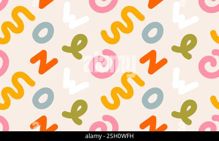 Festliches minimales Muster im lustigen Doodle-Stil. Bunte Konfetti, Wirbel, Bündel, handgezeichnete Linienformen auf beigefarbenem Hintergrund Stock Vektor