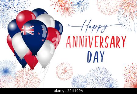 Happy Anniversary Day of New Zealand Grußkartenvorlage mit fliegenden 3D-Luftballons und Feuerwerk. Farbenfroher Hintergrund mit NZ-Flaggenfarben. Stock Vektor