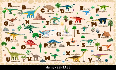 Kinder-Dinosaurier-Alphabet, prähistorische Eidechsenart und jurassische Ära Reptilienbuchstaben, vektorenglische Schrift. Schriftart mit Cartoon Dinosaurier Spezies, Dino Stock Vektor
