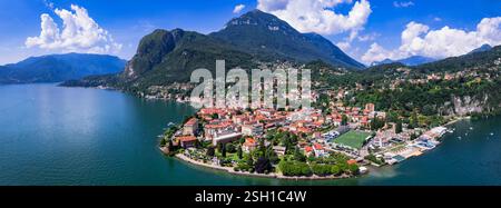 Idyllische Seenlandschaft, fantastischer Lago di Como. Blick aus der Vogelperspektive auf die wunderschöne Stadt Menaggio. Italien, Lombardia. Panoramablick der Drohne Stockfoto