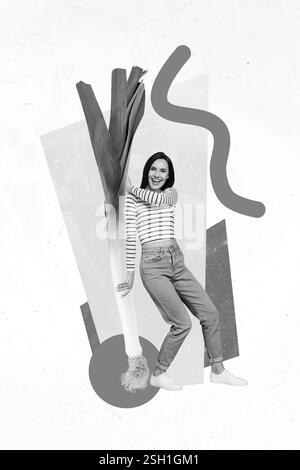 Vertikale kreative Collage Foto Illustration der lustigen glücklichen positiven Frau halten große Gemüsepflanze isoliert auf pastellfarbenen Hintergrund Stockfoto