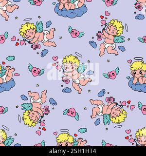 Vektor nahtloses Valentinstag-Muster mit entzückenden Cupiden, die in Herzform blasen und auf Wolken ruhen Stock Vektor