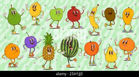 Cartoon-Retro-Figuren mit groovigen Früchten und Beeren. Vektor süße psychedelische Mango-, Apfel-, Orange- und Wassermelonenfiguren. Groovige Hippie-Zitrone, Ban Stock Vektor