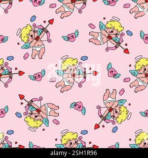 Nahtloses Valentinstag-Muster mit niedlichen Cupiden, die Herzpfeile schießen und zwischen Wolken und Herzen fliegen Stock Vektor