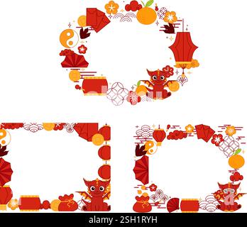 Happy Chinese New Year 2036 Red Dragon. Lunar Laternen Festival Silvester ovale Rahmenset für Showprodukte. Vektorgrafik Linie CNY Mondlaterne festiva Stock Vektor