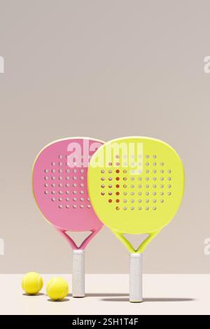 Zwei farbenfrohe Paddel-Tennis und gelbe Bälle, perfekt für ein lustiges Sommerspiel. 3D-Rendering Stockfoto