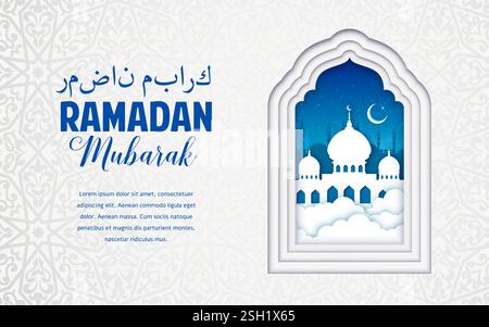 Ramadan Kareem Grüße, Papier geschnittenes arabisches Fenster mit Moschee Silhouette, Vektorbanner. Ramadan Kareem muslimischer Feiertagsgruß auf Arabisch l Stock Vektor