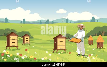 Imker sammelt Honig. Bienist auf der Blumenwiese hält Waben, Bienen und Bienenstöcke, schöne Landschaft, Frau in Schutzkleidung, Bio Stock Vektor