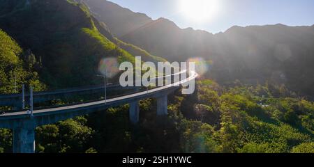Blick aus der Vogelperspektive auf den Elevated Highway durch die üppigen Berge in Oahu, Hawaii Stockfoto