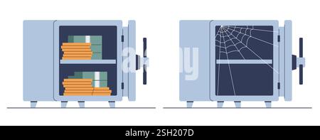 Zwei Safes mit Geld und ein leerer. Münzen stapeln und Dollar-Bargeld in Metallbehältern, Finanzeinsparungen, Währungseinsparungen. Cartoon Flat Style isoliert Stock Vektor