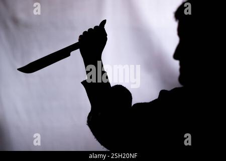 Schatten einer bedrohlichen Silhouette mit Messer 10.02.25, Selters: Symbolfoto, Illustrationsbild, Symbolbild, Illustrationsfoto, Alltagsszene Schatten einer bedrohlichen Silhouette mit Messer dramatische Darstellung einer silhouettierten Person, die ein Messer in der erhobenen Hand halten. Die Szene spielt in einem Innenraum mit unscharfem Hintergrund, was eine bedrohliche und emotionale Atmosphäre schafft. Ideal für Themen wie Kriminalität, Gefahr oder Spannung. . Selters Hessen Deutschland *** Schatten einer bedrohlichen Silhouette mit Messer 10 02 25, Selters Symbol Foto, Illustrationsbild, Sym Stockfoto