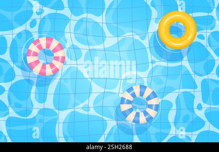 Sommer-Wasserpool mit Blick auf die Spitze. Röhrchen schweben auf Wellen. Rahmen mit Kopierraum für Text. Hintergrunddesign. Schwimmender aufblasbarer Ring. Blaue Oberfläche. Cartoon Stock Vektor