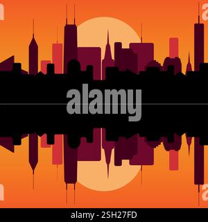 Stadt Skyline Sonnenuntergang Reflexion Silhouette Vektor Design, Stadtlandschaft Abend Stadtpanorama, moderne urbane Szene, Business oder Corporate Illustration Stock Vektor