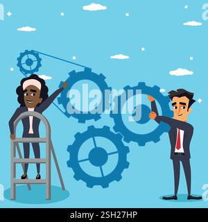 Geschäftskollegen arbeiten als Team am Zahnrad, Geschäftsleute arbeiten zusammen, um ein Aufgabenkonzept zu verwirklichen Stock Vektor