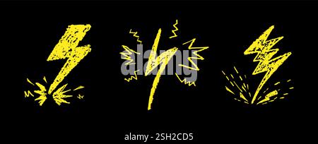 Set von Blitz durch Wachsstift Zeichnung. Sammlung von handgezeichneter Kreide, Lichthupen, Doodle Donner Bolts, goldenen Designelementen Stock Vektor