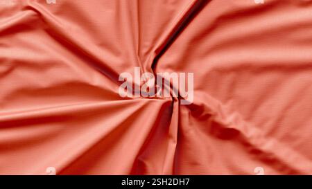 Leeres rotes, gefaltetes Muster aus Swirl-Stoff, Draufsicht, 3D-Rendering. Leerer faltiger abstrakter Blattoberfläche, Hintergrund. Durchsichtiges Satin oder Tuch Stockfoto