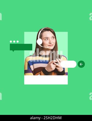 Zeitgenössische Kunstcollage. Frau in weißem Headset, das Telefon hält, nachdenklich aussieht, mit digitalen Chat-Symbolen für interaktiven Dienst. Stockfoto