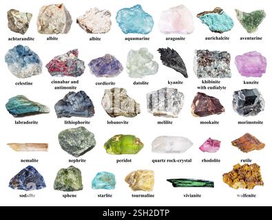 Proben verschiedener Rohmineralien mit Namen auf weißem Hintergrund (Sodalit, Aragonit, Labradorit, Kyanit, Nephrit, Melilit, Aventurin, Dat Stockfoto