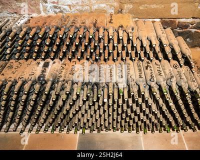 Stapel alter Weinflaschen aus Korkglas mit Namen der Touristen, die in Tuffstaub geschrieben sind und Flaschen im Weinkeller eines kleinen armenischen Dorfes bedecken Stockfoto