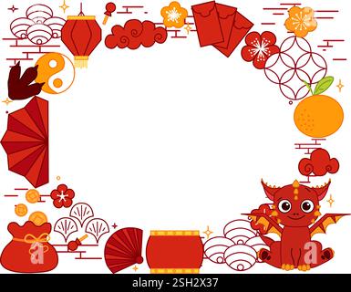 Jahr des Roten Drachens 2036 Chinesisches Neujahrsschema ovaler Rahmen mit traditionellen chinesischen Grenzen und einem Drachen, der das Jahr des Drachen mit feiert Stock Vektor