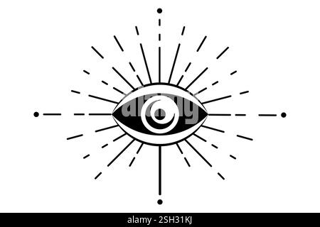 Auge der Vorsehung. Freimaurersymbol. Alle sehenden Augen, mystische heilige Logo-Ikone im Boho-Stil, Vektor-Halbmond, schwarzes Tattoo Design Alchemie Element Stock Vektor