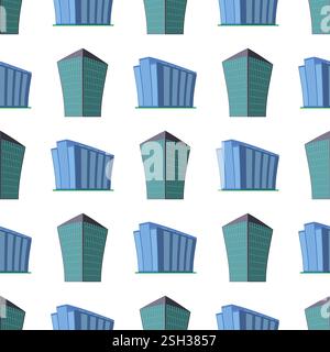 Nahtloses Muster mit modernem isometrischem Gebäude auf weißem Hintergrund. Blick auf das Gebäude von unten. Vektorabbildung. Stock Vektor