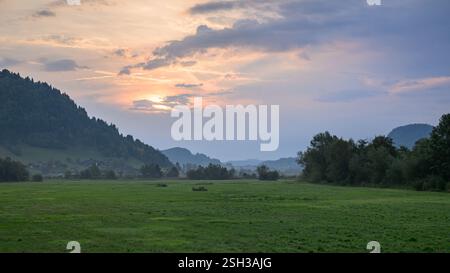 Wiese in der Nähe des Ossiacher Sees an einem bewölkten, nebeligen Morgen im Sommer Stockfoto
