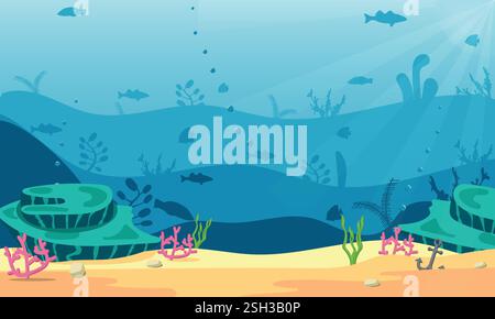 Farbenfrohe Unterwasserlandschaft, Silhouettenschichten von Fischen und Riffen, tiefblaues Meer oder Meereslandschaft mit Kopierraum Stock Vektor
