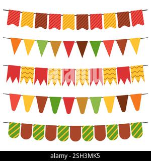 Farbenfrohe Fahnen und bunte Girlanden zur Dekoration. Dekoelemente mit verschiedenen Mustern. Vektorabbildung Stock Vektor