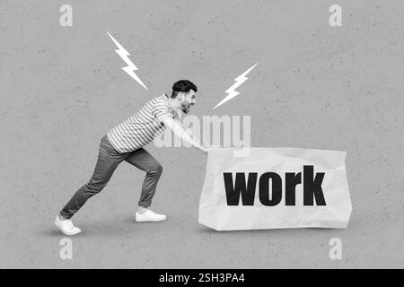 Collagenfoto eines jungen, aggressiven, witzigen Studenten, der überarbeiteter Geschäftsmann eröffnet neues Start-up-Projekt isoliert auf blauem Hintergrund Stockfoto