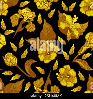 Nahtloses Blumenmuster mit goldenen Blüten in Buntglastechnik Vektor-Illustration Stock Vektor