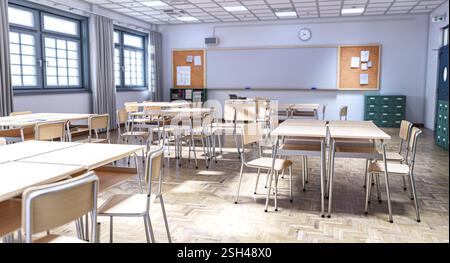 Leeres Klassenzimmer mit Holztischen und Stühlen 3D Hintergrund Stockfoto