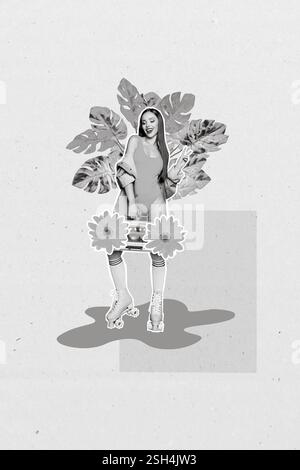 Vertikale kreative Fotocollage mit positivem, hübschem, attraktivem, attraktivem Mädchen-Hold-Plattenspieler, isoliert auf pinkfarbenem Hintergrund Stockfoto