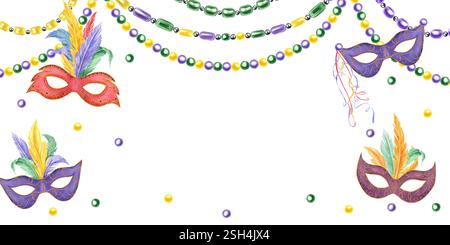 Karneval Maskerade Federmasken, farbige Perlen Aquarellrahmen. Musik Percussion, Saiten- und Bläserinstrumente, Masken mit Federn, Perlen Stockfoto