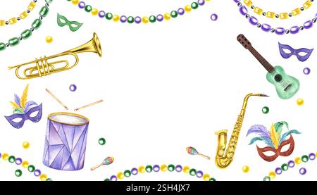 Karneval musikalische Straßenparty Aquarell horizontaler Rahmen isolierter Hintergrund. Musik Feiertagspercussion, Saiten- und Bläserinstrumente, Masken Stockfoto