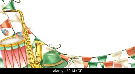 Karnevalszubehör, Musikinstrumente, Flaggengirlanden horizontaler Rahmen mit Kopierraum für Text. Urlaub Aquarell Illustration isolierter Hintergrund. Stockfoto
