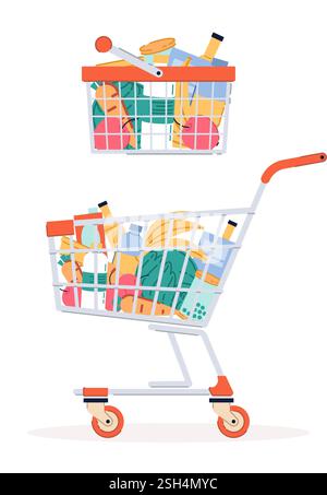 Supermarktwagen und Korb Lebensmittel. Obst und Gemüse, kalte Getränke in Flaschen. Milch und Fleischprodukte, Konserven. Cartoon Flat Style isoliert Stock Vektor