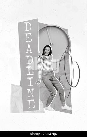 Vertikale kreative Collage-Foto-Illustration der fröhlichen netten Frau, die oranges Deadline-Brett auf pastellfarbenem Hintergrund hält Stockfoto