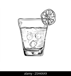Trinken Sie mit Eis, Zitrusscheibe im Glasvektor isolierte Illustration mit schwarzer Tinte gemalt. Ätzzeichnung von Limonade, Mojito-Cocktail, Tequila Stock Vektor